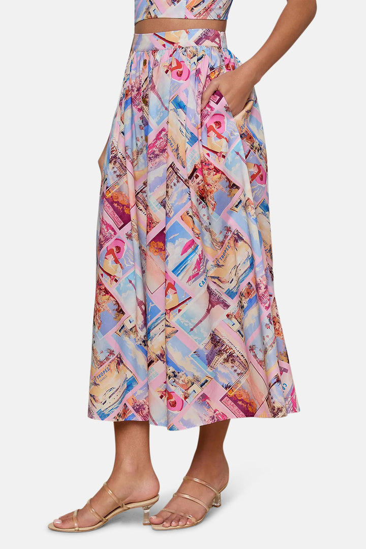 Seina Poplin Midi Skirt Light Pink Multi Small Postcard Print