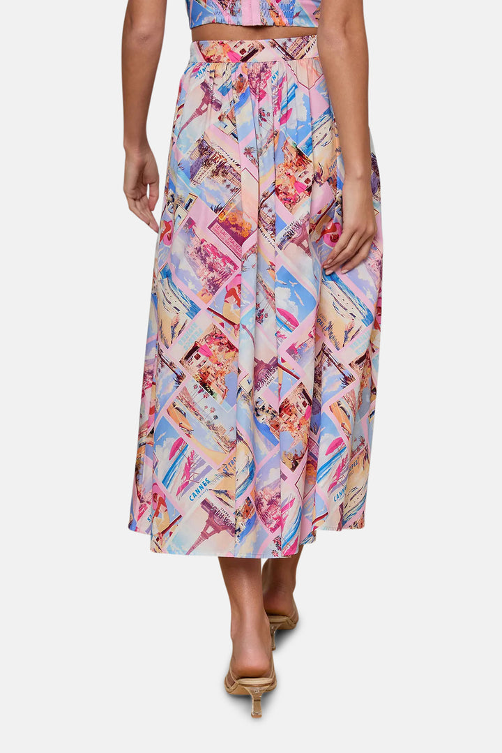 Seina Poplin Midi Skirt Light Pink Multi Small Postcard Print