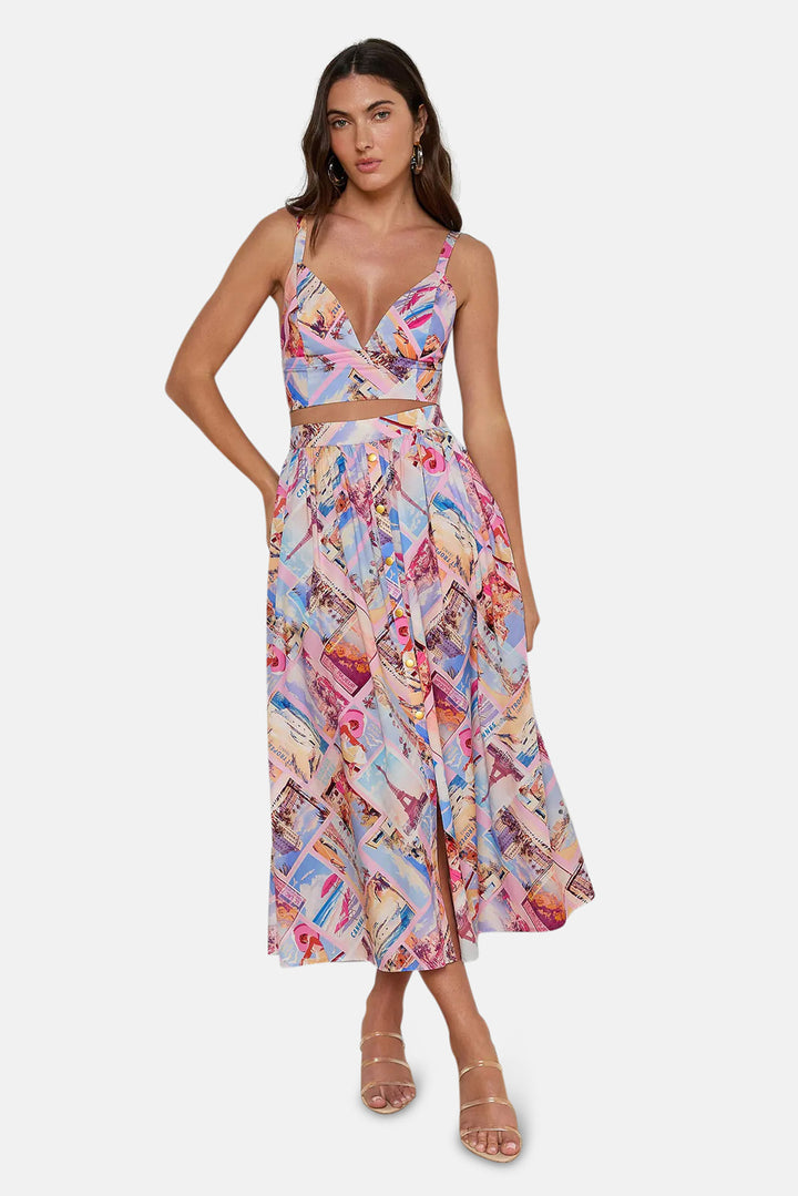 Seina Poplin Midi Skirt Light Pink Multi Small Postcard Print