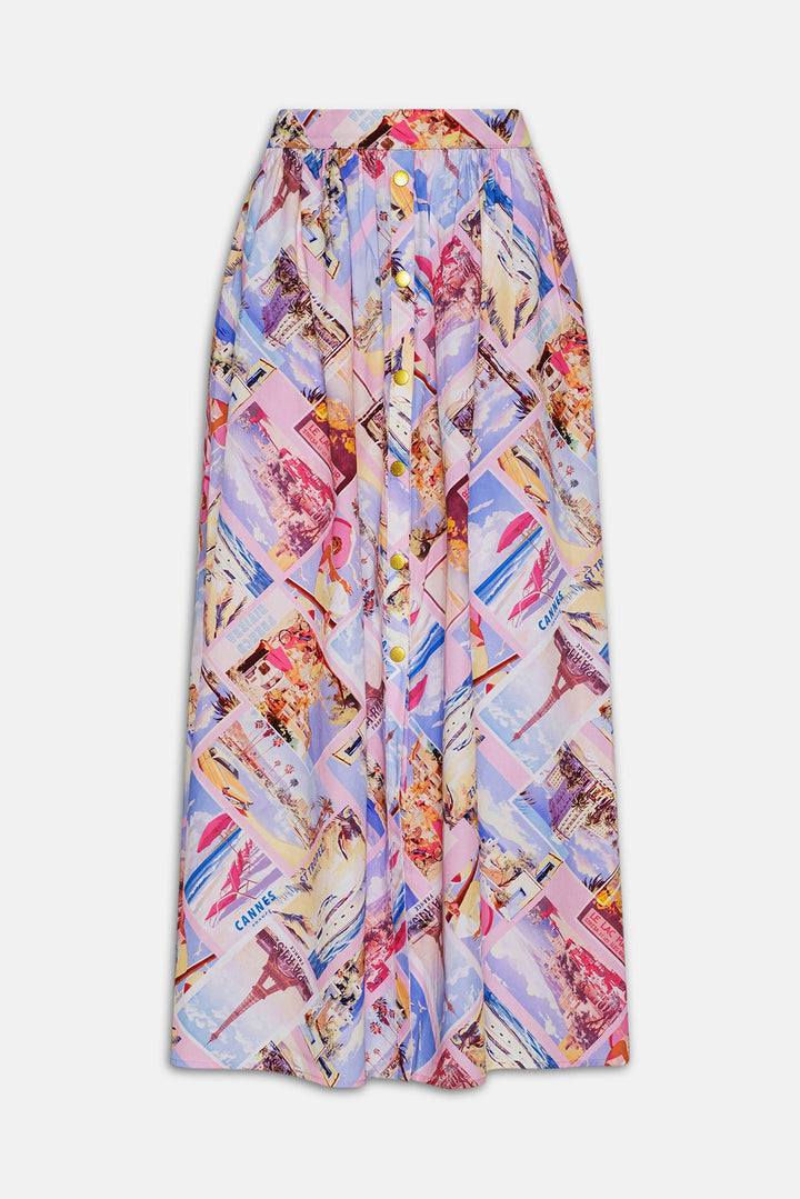 Seina Poplin Midi Skirt Light Pink Multi Small Postcard Print