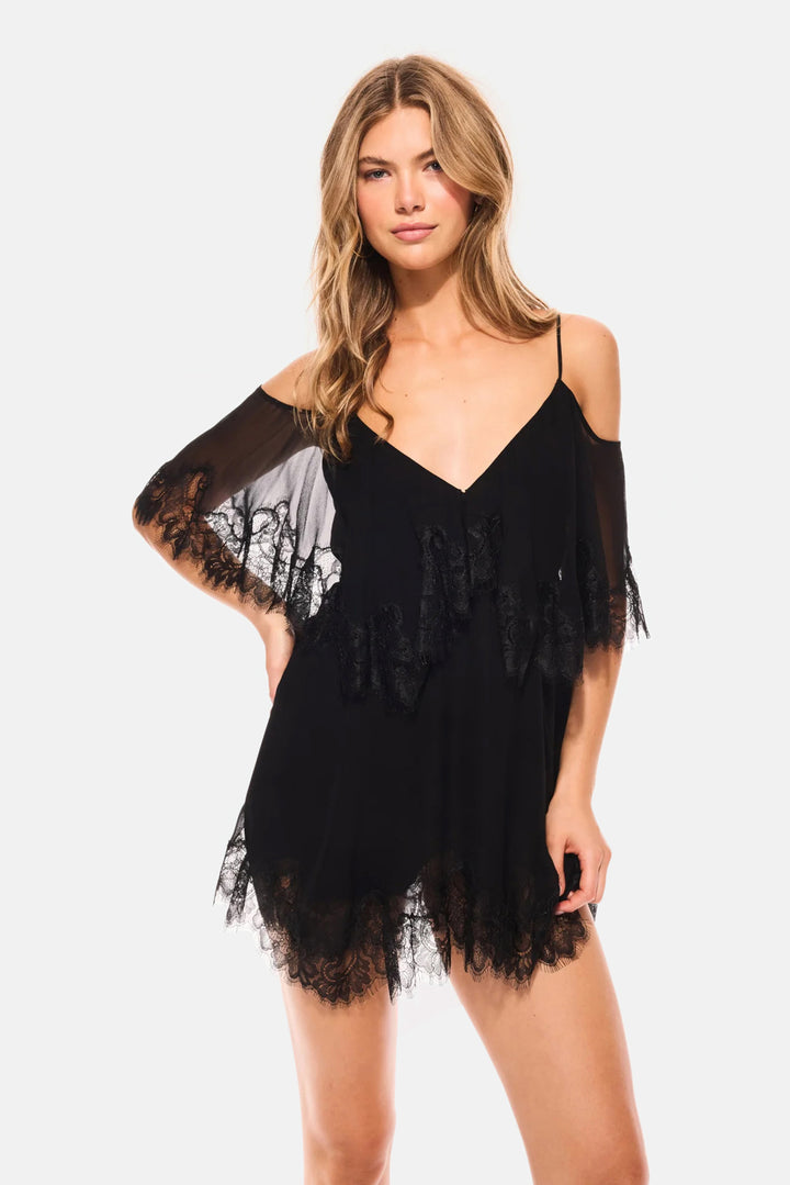 Selune Silk Lace-Trimmed Mini Dress Black