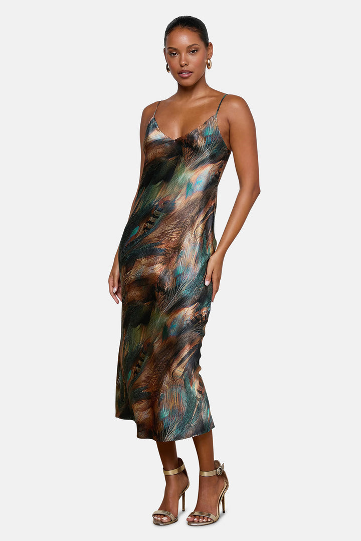 Seridie Silk Slip Dress Teal Multi Mix Feather