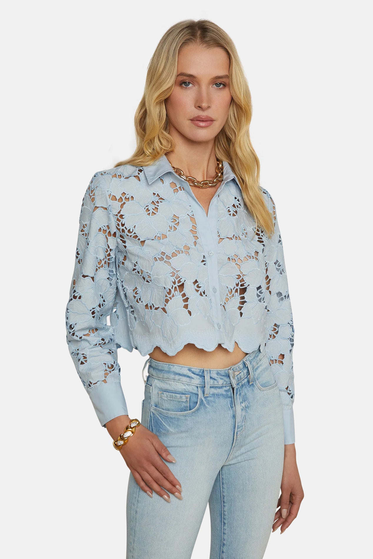 L'Agence Seychelle Lace Cropped Blouse Blue Fog – blueandcream