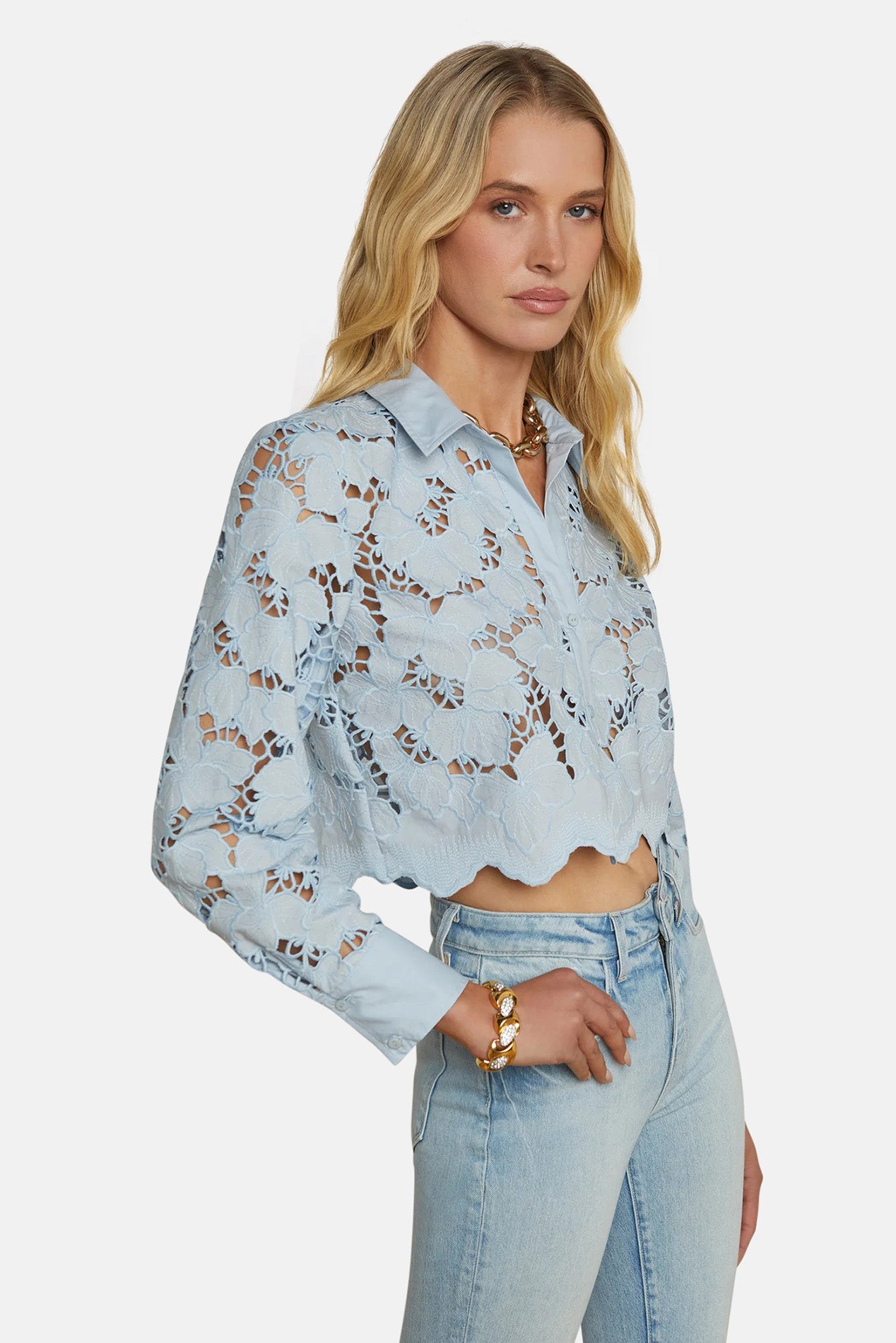 L'Agence Seychelle Lace Cropped Blouse Blue Fog – blueandcream