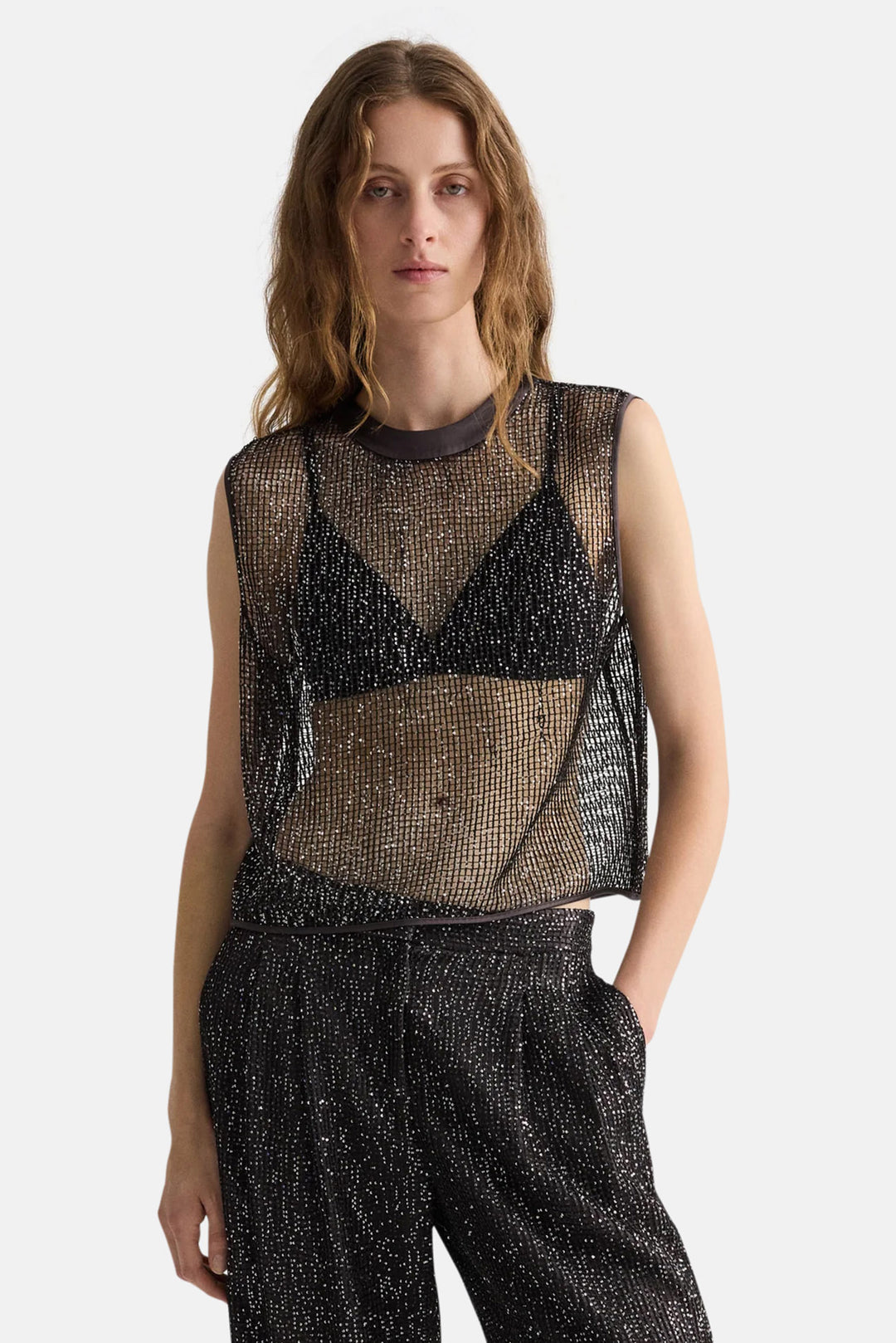 Short Muscle Tank in Mini Sequin Netting Dark Chocolate/Silver