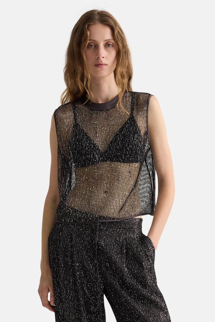 Short Muscle Tank in Mini Sequin Netting Dark Chocolate/Silver