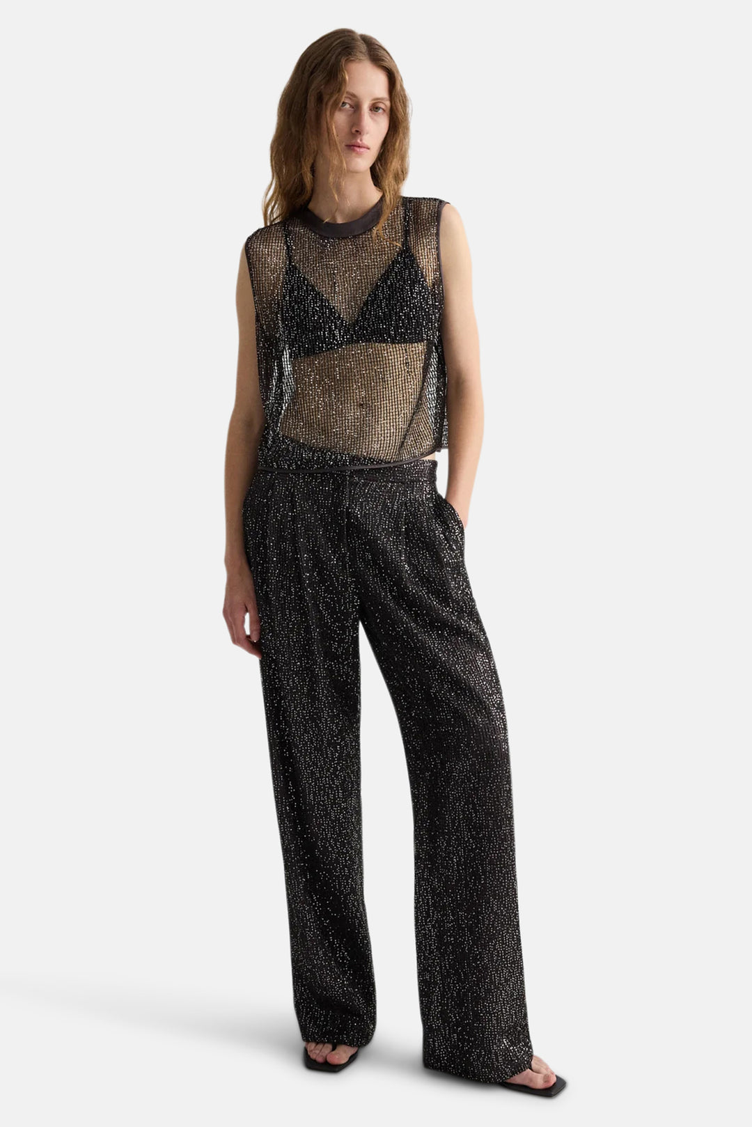 Short Muscle Tank in Mini Sequin Netting Dark Chocolate/Silver