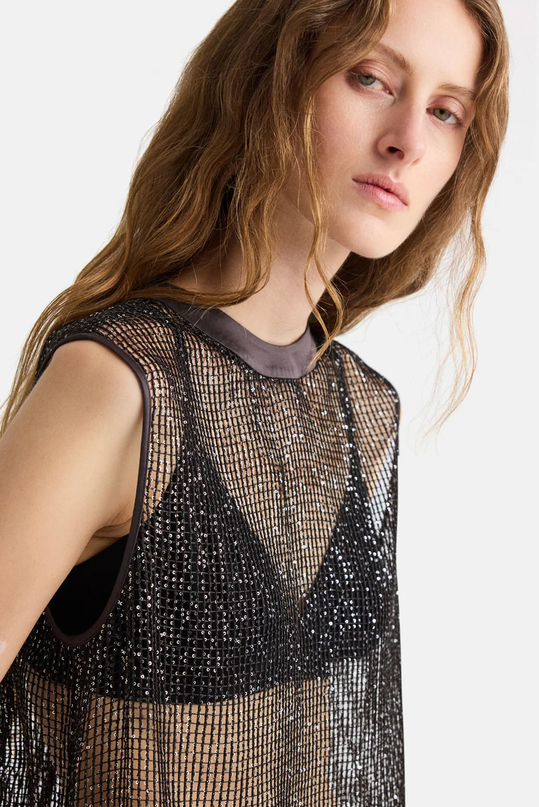 Short Muscle Tank in Mini Sequin Netting Dark Chocolate/Silver