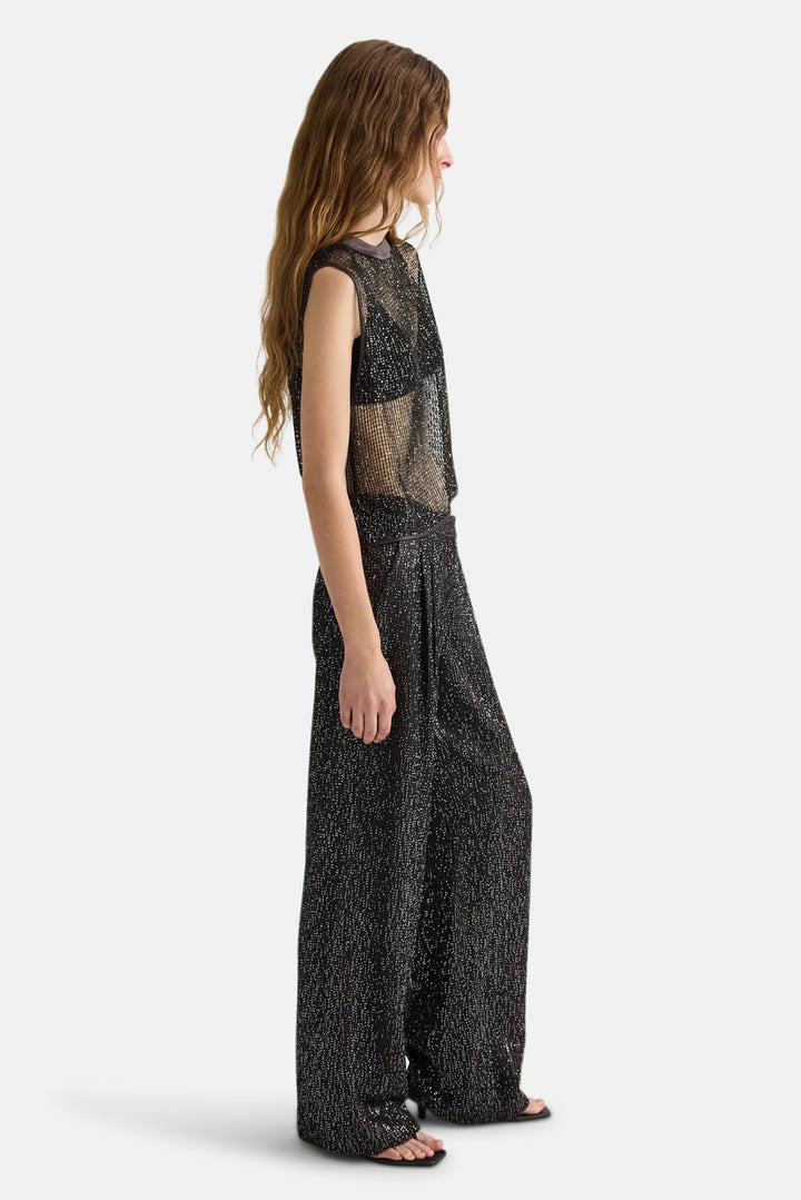 Short Muscle Tank in Mini Sequin Netting Dark Chocolate/Silver