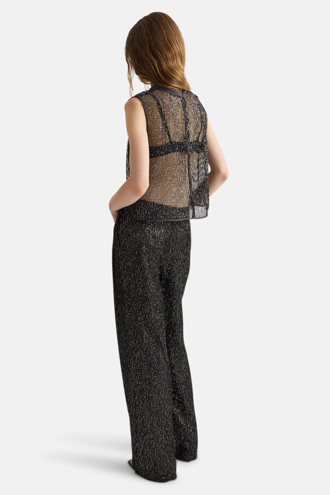 Short Muscle Tank in Mini Sequin Netting Dark Chocolate/Silver