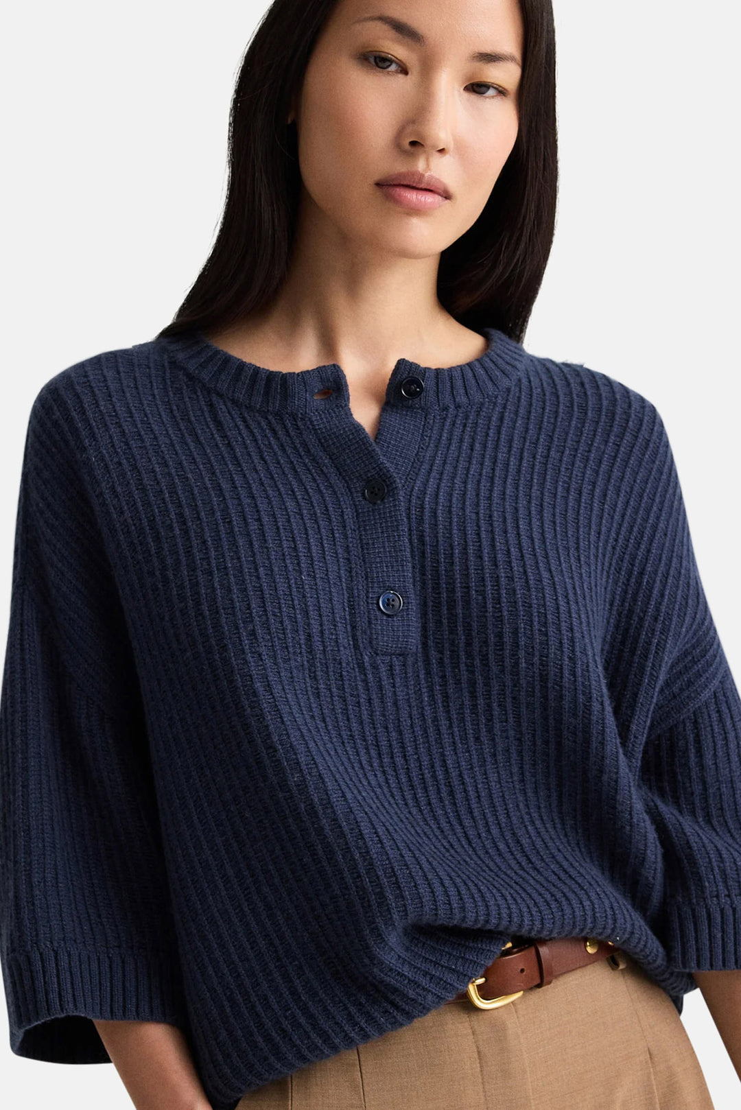 Short Sleeve Henley in Italian Cashmere Night Sky