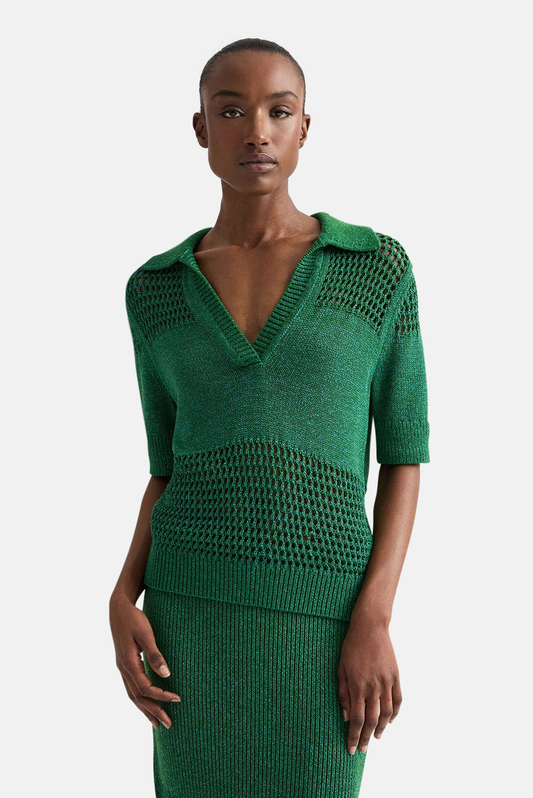 Slightly Oversized Open Knit Polo in Silk Blend Yarn Martini Olive / Chesapeake Bay