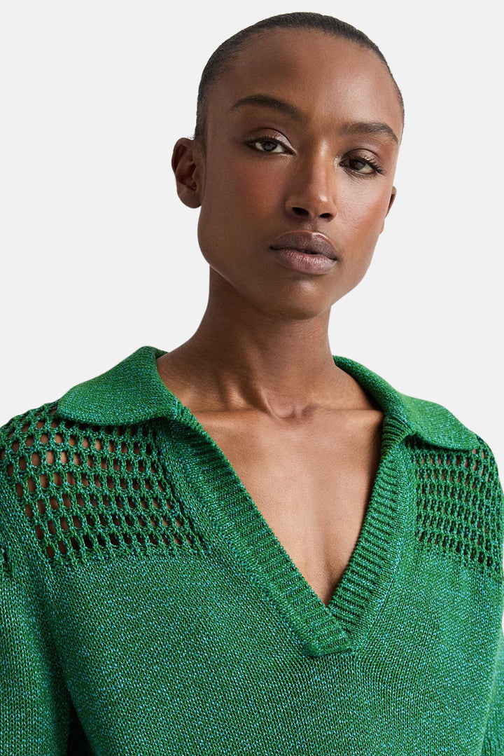 Slightly Oversized Open Knit Polo in Silk Blend Yarn Martini Olive / Chesapeake Bay
