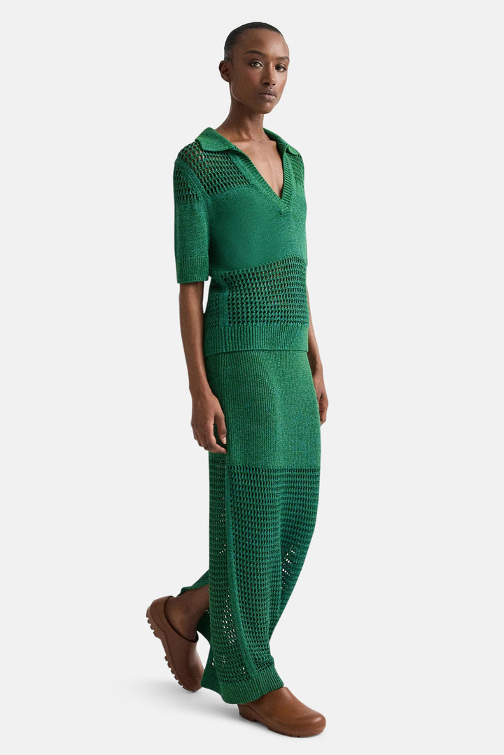 Slightly Oversized Open Knit Polo in Silk Blend Yarn Martini Olive / Chesapeake Bay