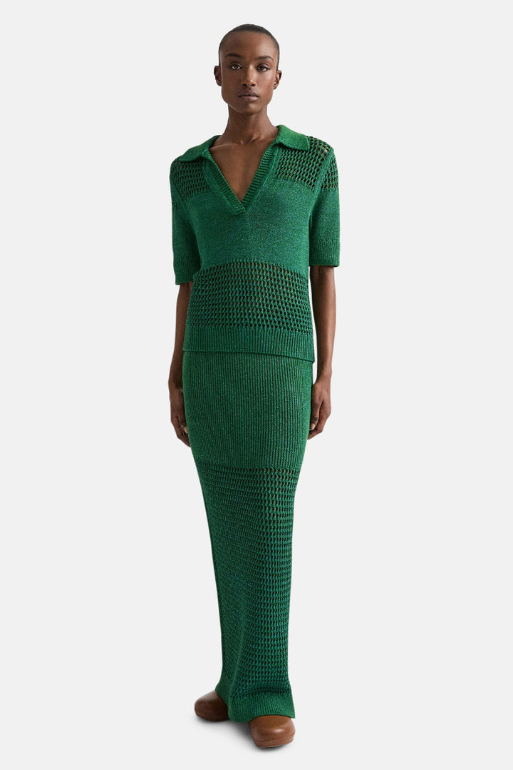 Slightly Oversized Open Knit Polo in Silk Blend Yarn Martini Olive / Chesapeake Bay