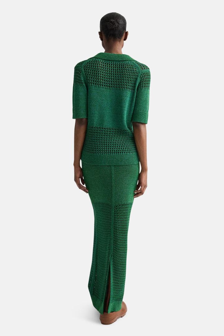 Slightly Oversized Open Knit Polo in Silk Blend Yarn Martini Olive / Chesapeake Bay
