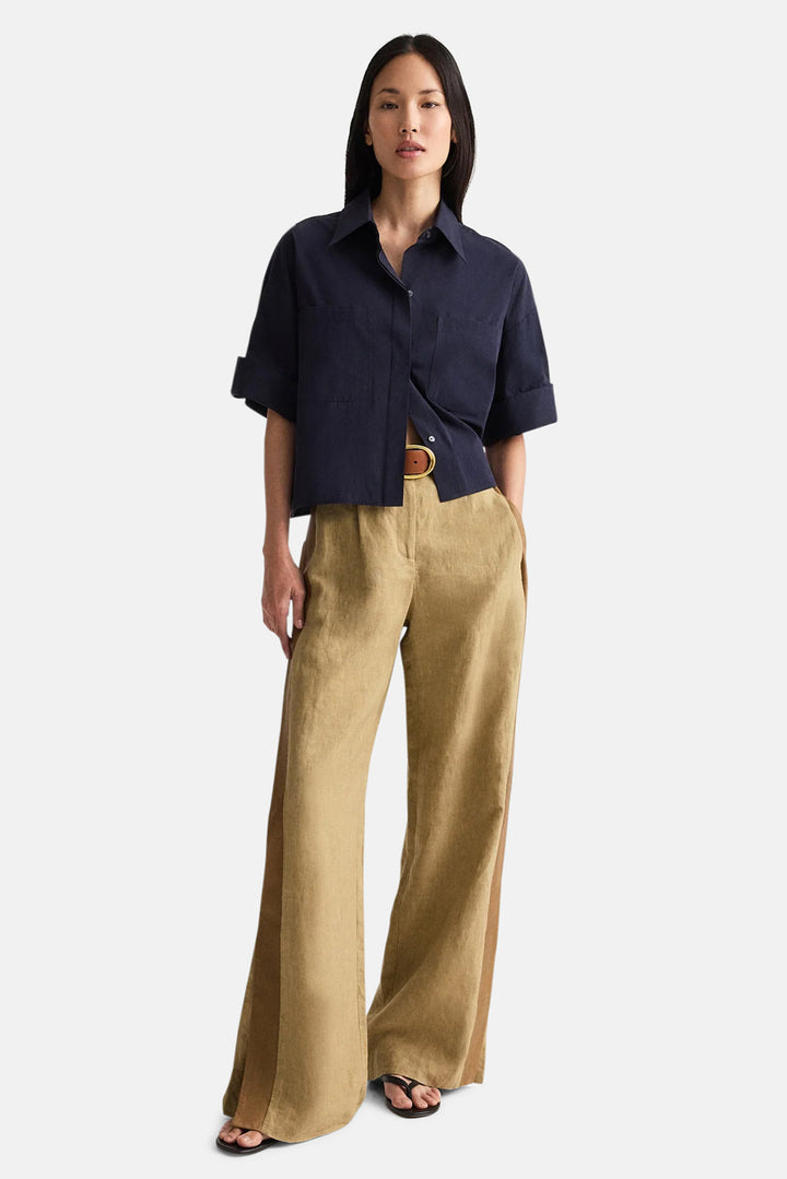 Slim A Pant with Lip Tux in Plain Weave Linen Kelp / Ermine