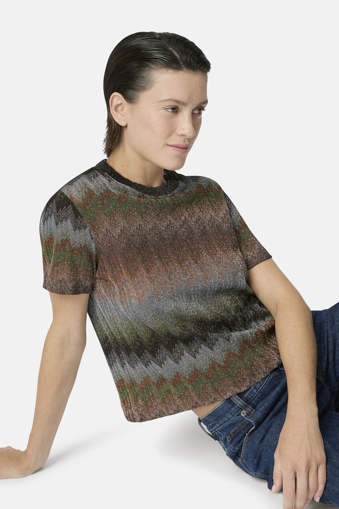 Snake-Pattern Crewneck T-Shirt Green & Brown