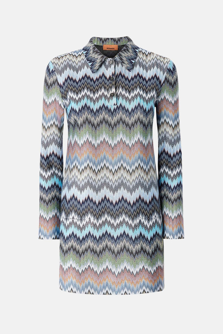 Snake-Pattern Viscose Polo Mini Dress Blue & Multicolored