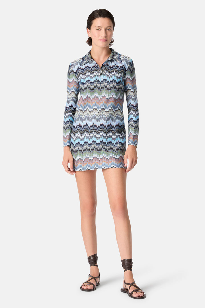 Snake-Pattern Viscose Polo Mini Dress Blue & Multicolored