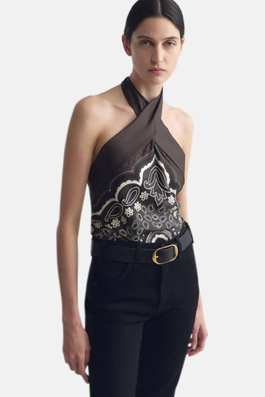Solal Silk Halterneck Top Brown/Ivory Bandana Print