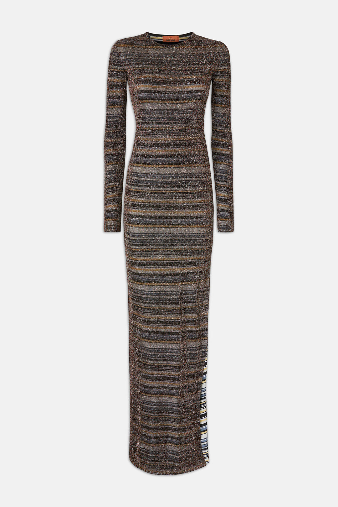 Striped Viscose Lamé Gown w/ Slit Green & Brown