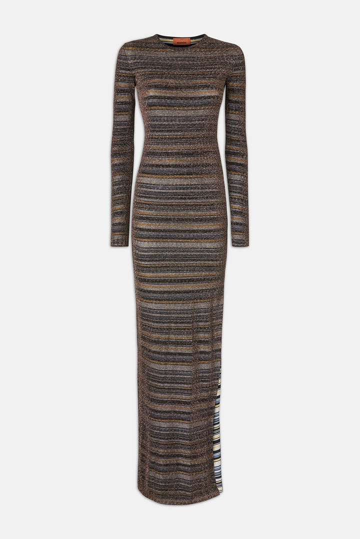 Striped Viscose Lamé Gown w/ Slit Green & Brown