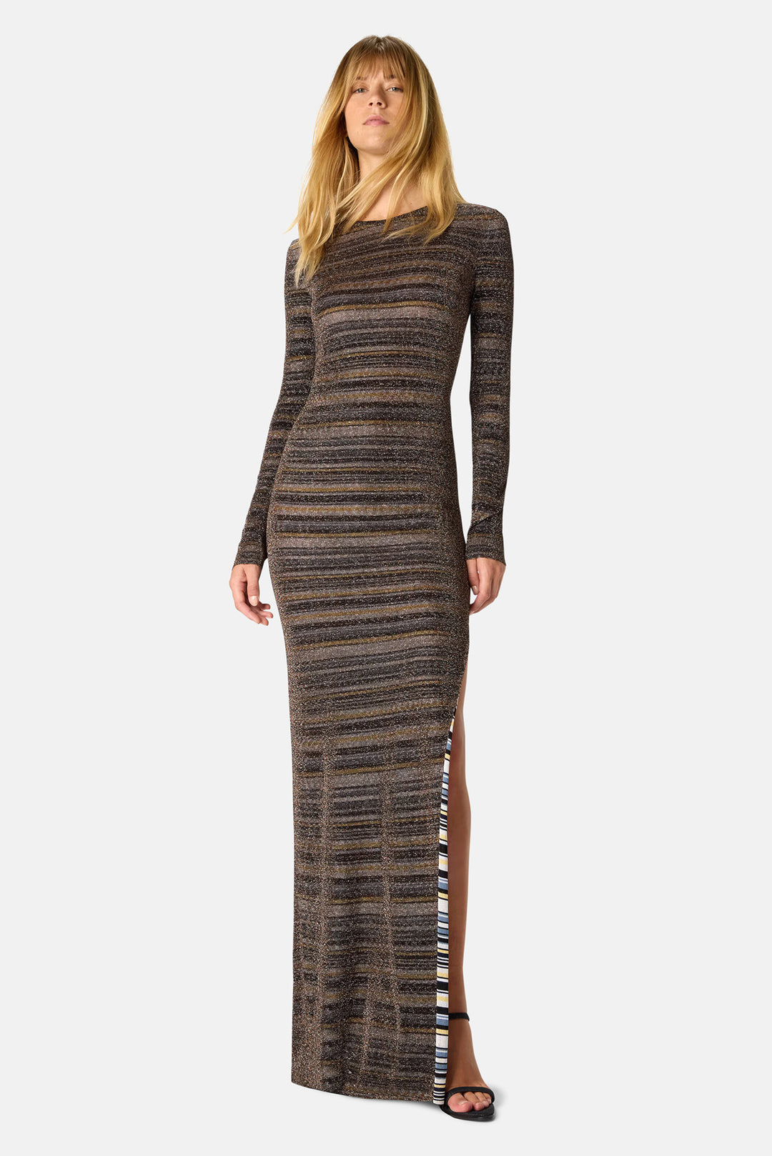 Striped Viscose Lamé Gown w/ Slit Green & Brown