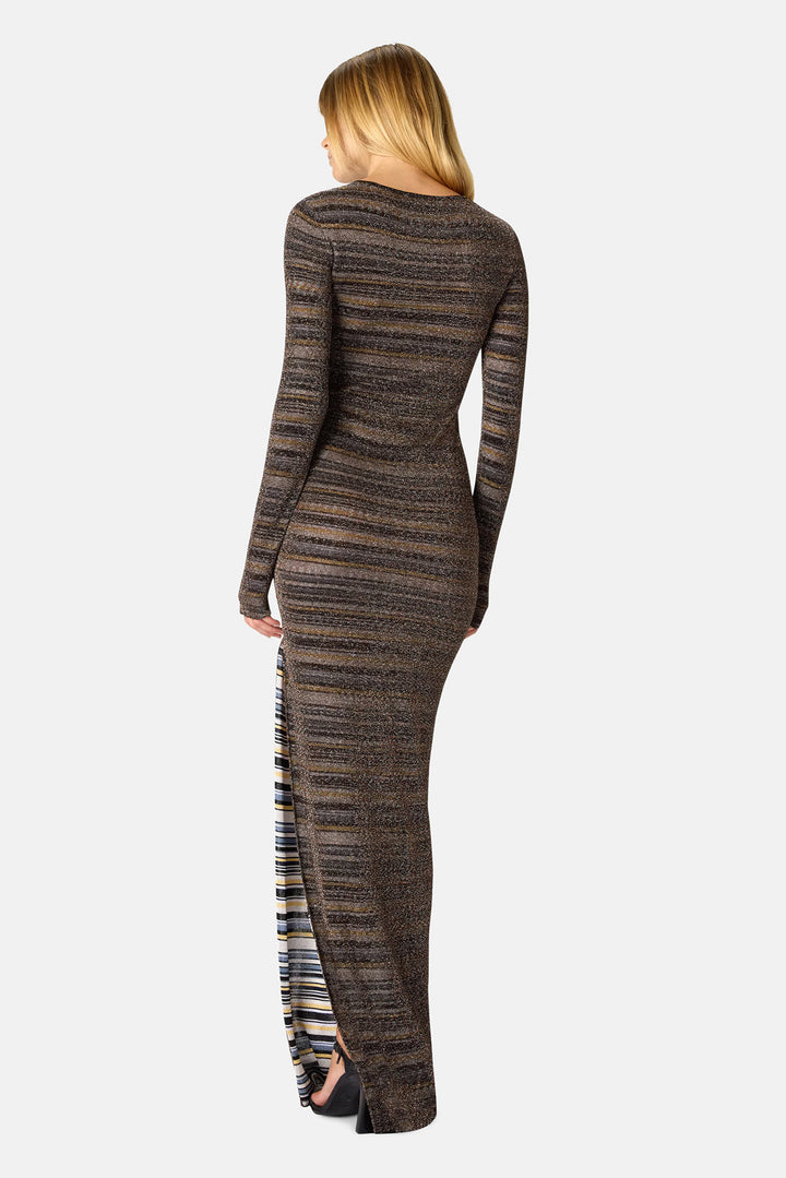 Striped Viscose Lamé Gown w/ Slit Green & Brown