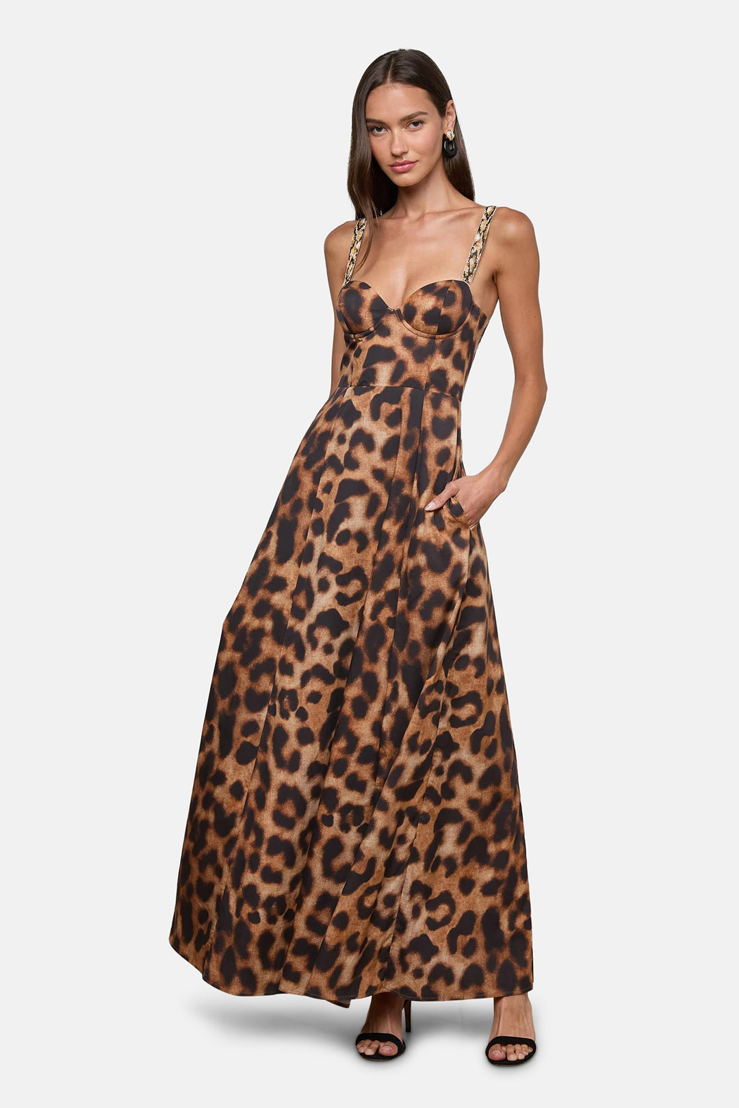 Sutton Beaded Strap Maxi Dress Tan/Black Large Leopard