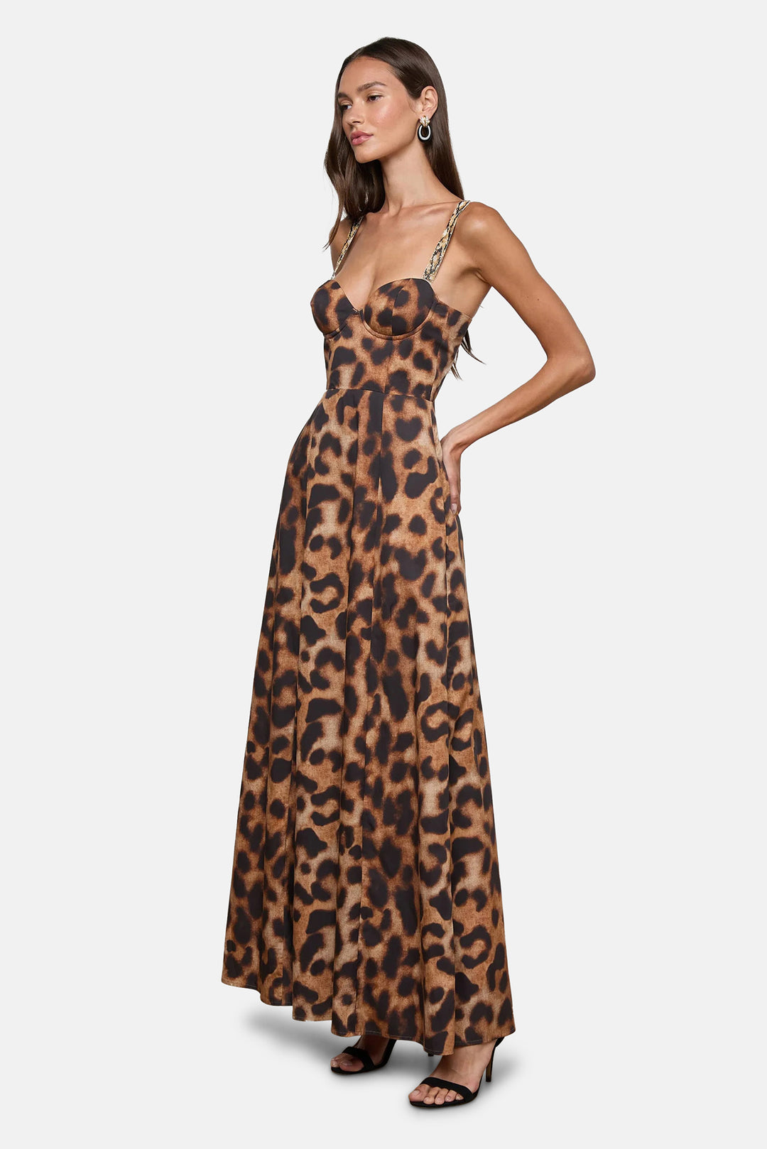 Sutton Beaded Strap Maxi Dress Tan/Black Large Leopard