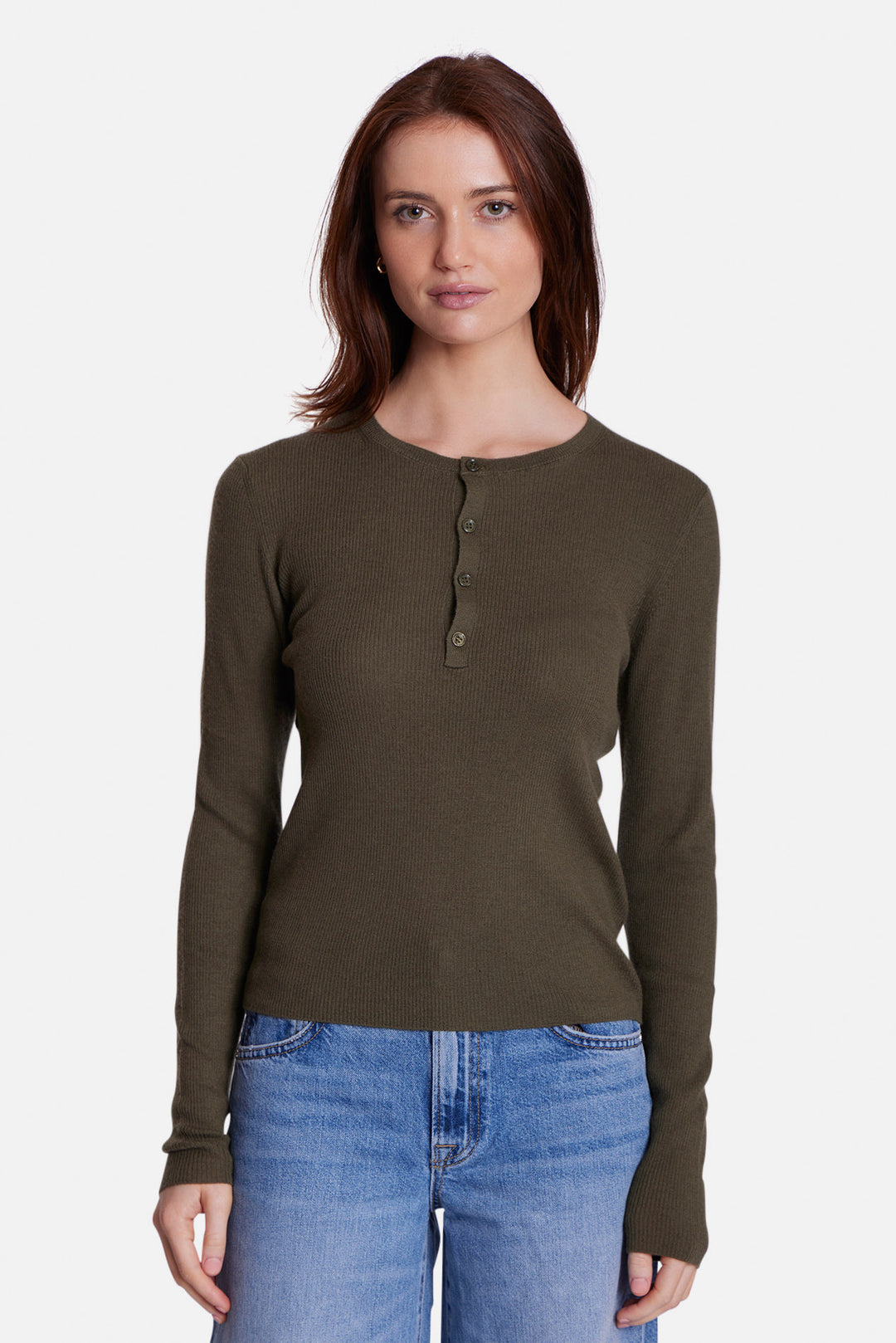 Sylvia Cashmere Henley Sweater Army Green