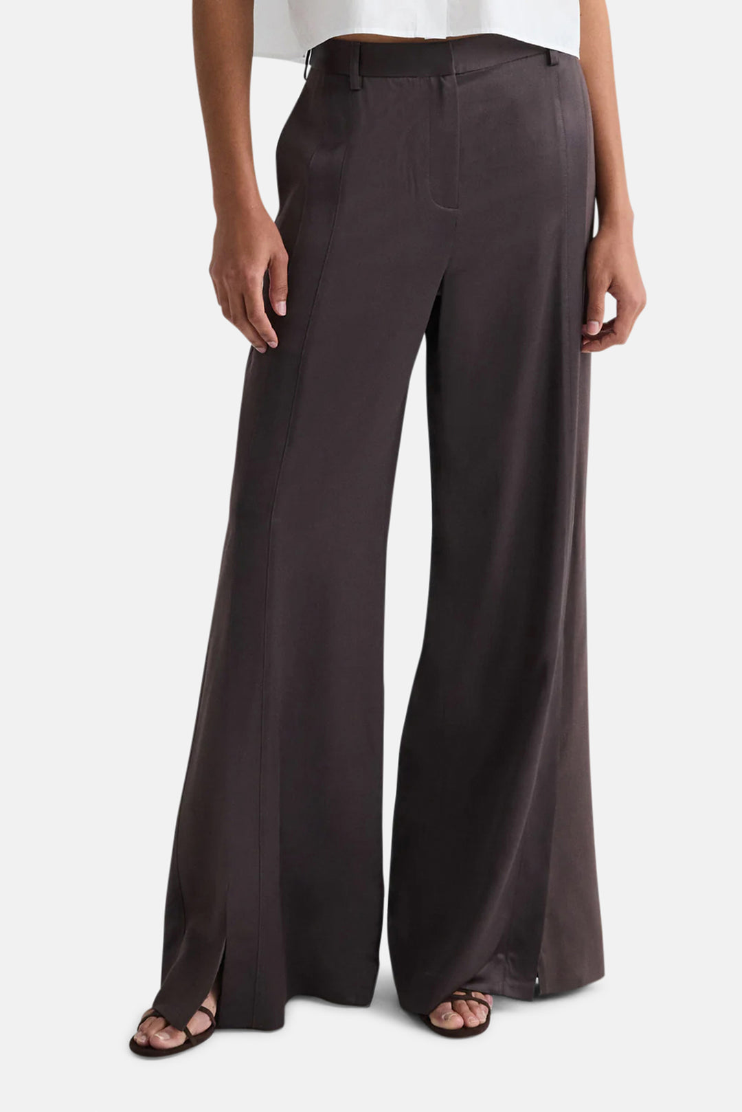 Taite Pant in Shiny Viscose Wool Satin Chocolate Torte