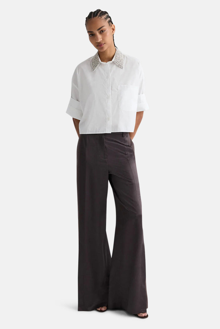 Taite Pant in Shiny Viscose Wool Satin Chocolate Torte