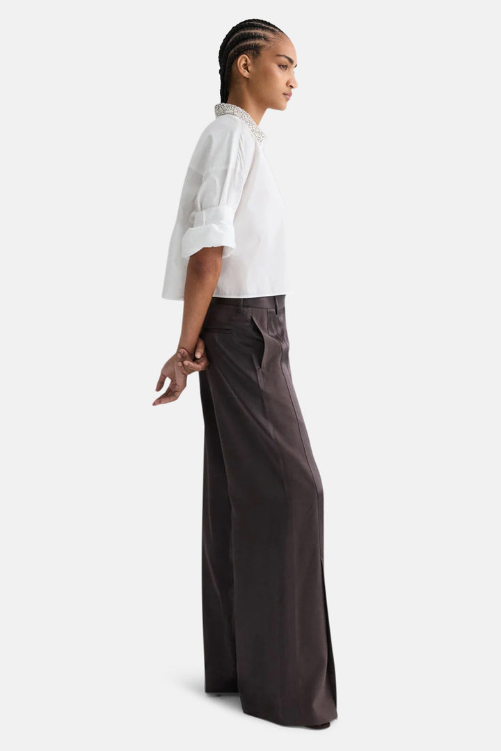 Taite Pant in Shiny Viscose Wool Satin Chocolate Torte