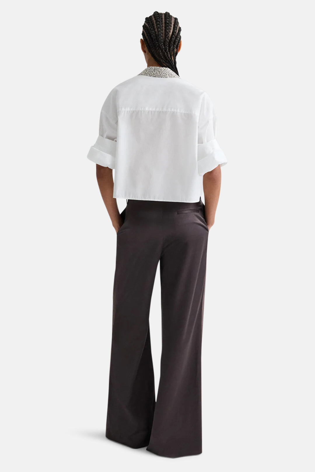 Taite Pant in Shiny Viscose Wool Satin Chocolate Torte