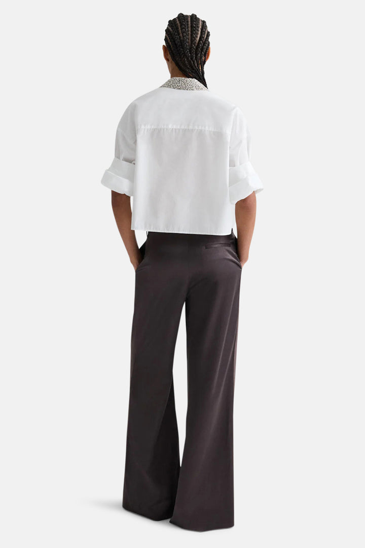 Taite Pant in Shiny Viscose Wool Satin Chocolate Torte
