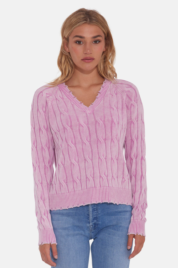 Stone Wash Frayed Distressed Cable V-Neck Faded Rose