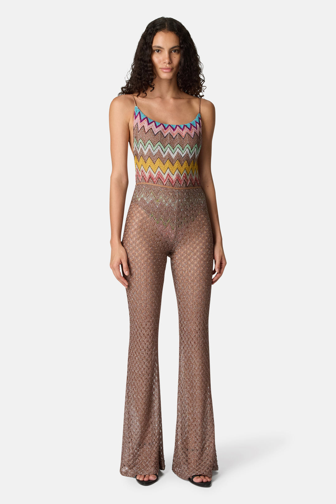 Cover-up trousers in lamé viscose with spiderweb pattern