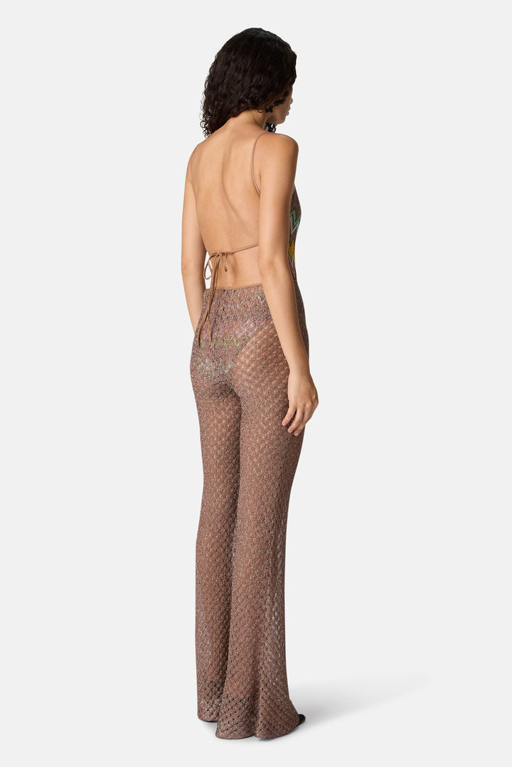 Cover-up trousers in lamé viscose with spiderweb pattern