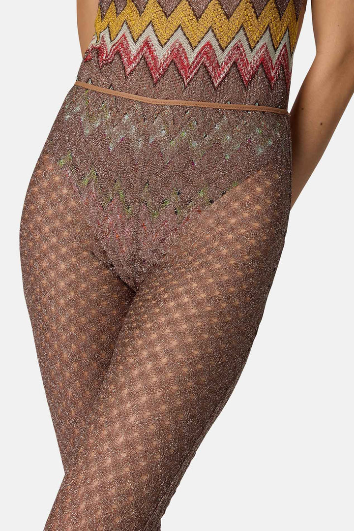 Cover-up trousers in lamé viscose with spiderweb pattern