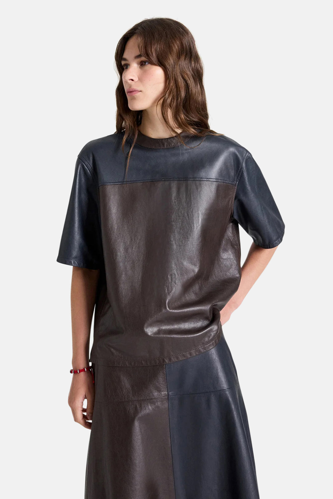 Two Tone Leather Biggish Tee in Midnight / Dark Chocolate