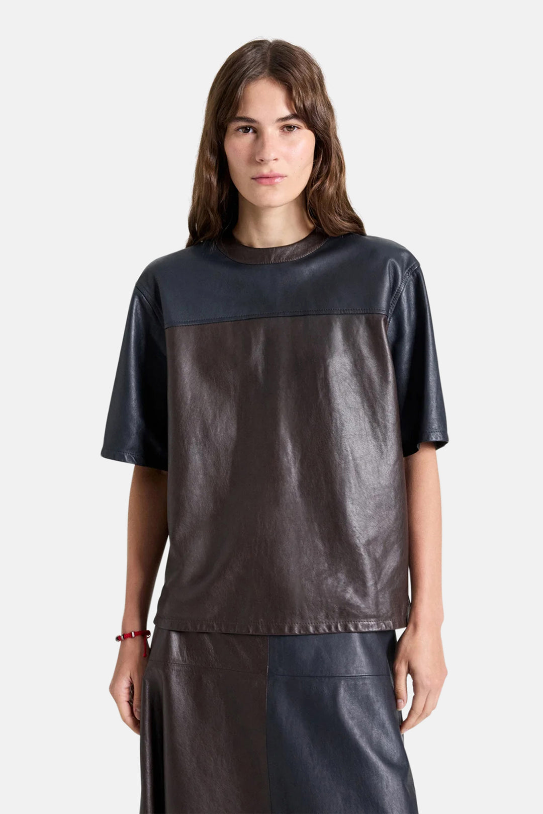 Two Tone Leather Biggish Tee in Midnight / Dark Chocolate