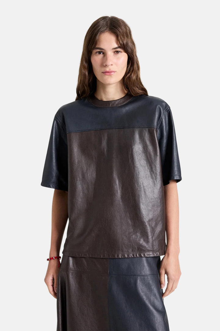 Two Tone Leather Biggish Tee in Midnight / Dark Chocolate