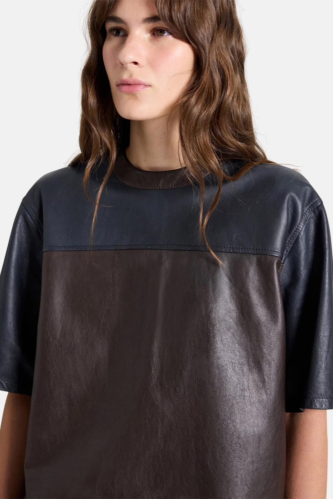Two Tone Leather Biggish Tee in Midnight / Dark Chocolate