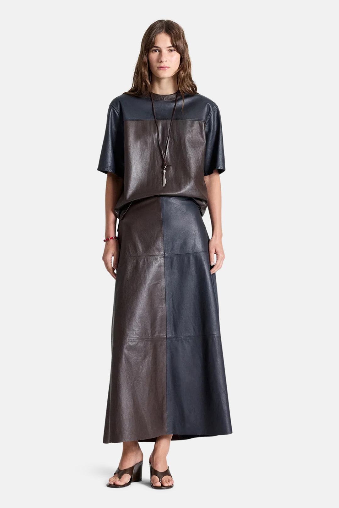 Two Tone Leather Biggish Tee in Midnight / Dark Chocolate