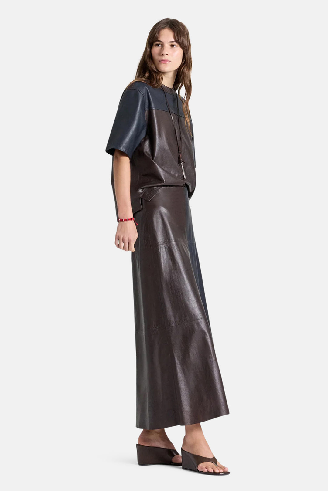Two Tone Leather Biggish Tee in Midnight / Dark Chocolate