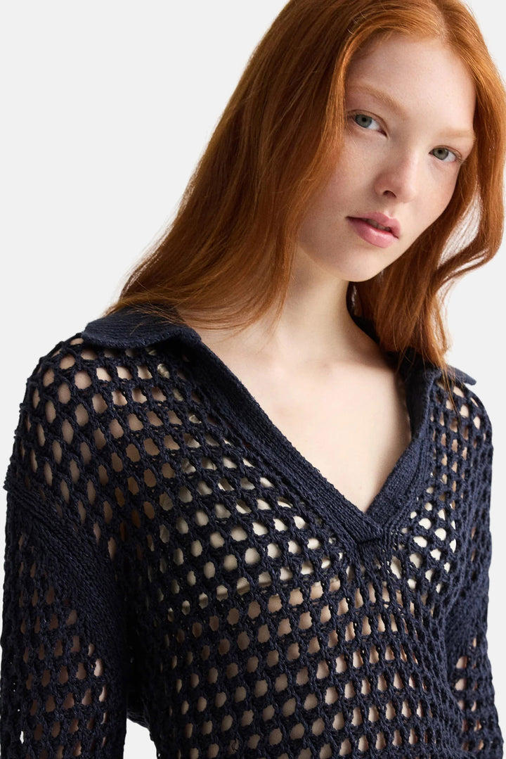 Unspoken Truth Polo Sweater in Linen Silk Night Sky
