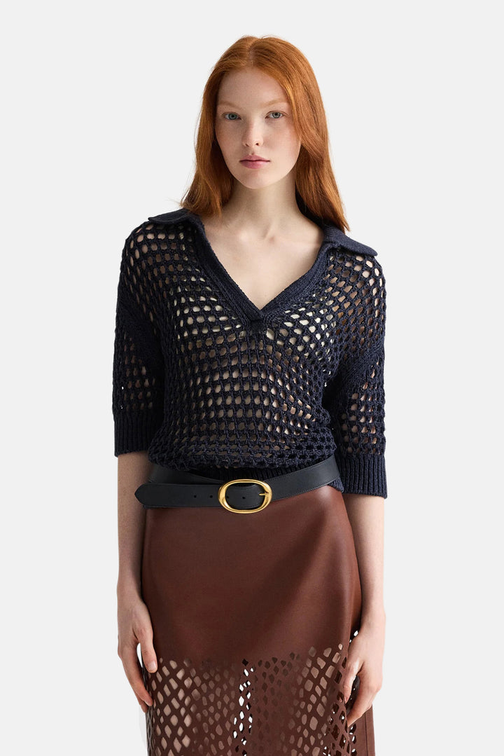 Unspoken Truth Polo Sweater in Linen Silk Night Sky
