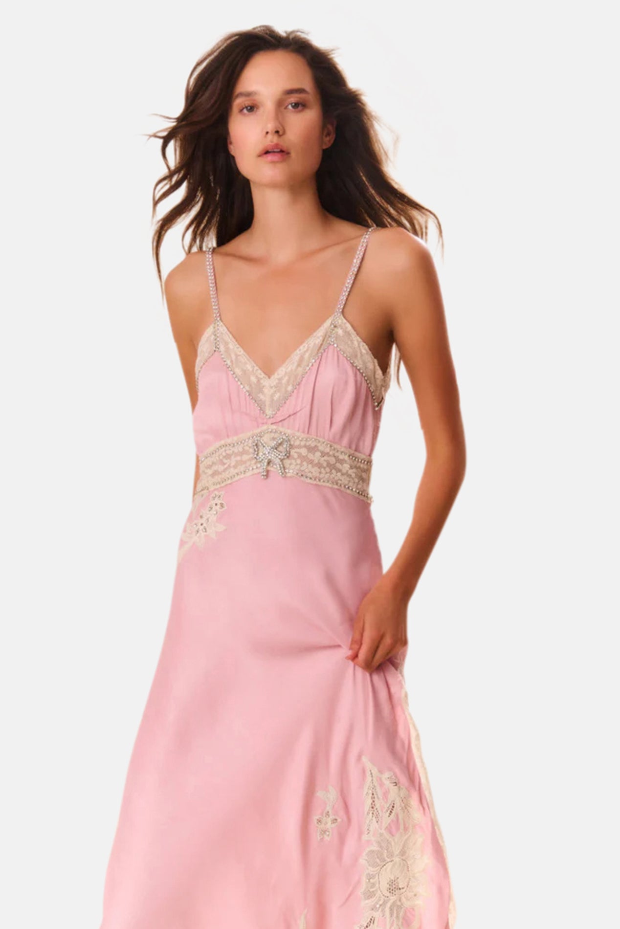 LOVESHACKFANCY Valea Embellished Satin Maxi Dress Ash Pink
